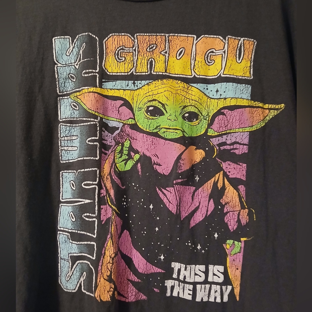 Star Wars Grogu Retro Graphic Tee - Black with Green & Purple Print